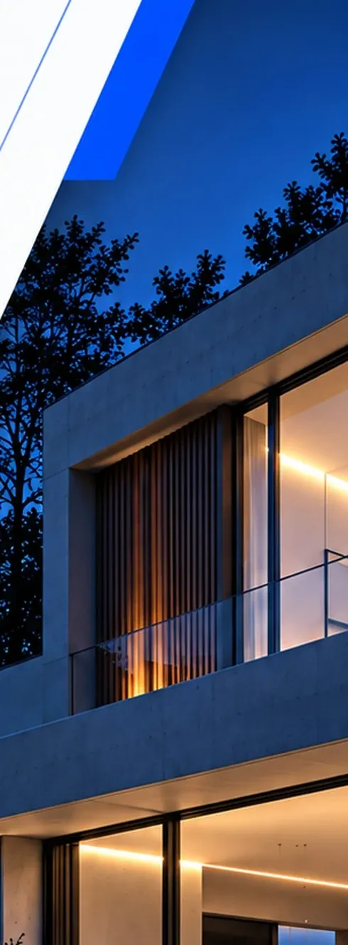 Fachada de residência contemporânea ao anoitecer, com iluminação discreta. Estudo visual ilustrativo.