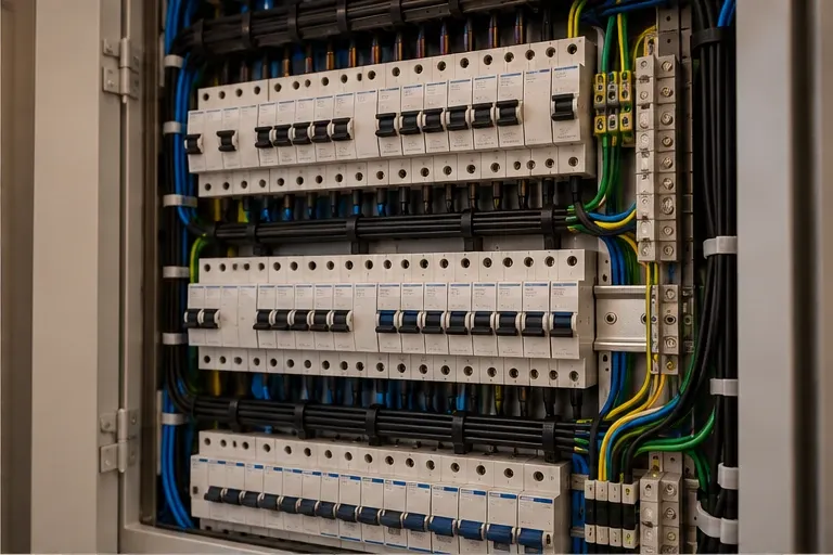 Quadro elétrico residencial organizado, com disjuntores identificados. Imagem ilustrativa.